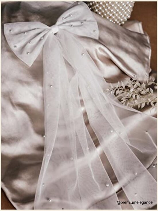 White Tulle Pearl Bow Veil Hair Clip for Bridal Bachelorette Party main image 7